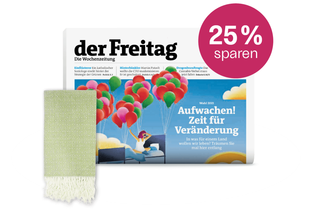 der Freitag Print-Cover Ausgabe 37/2021, eine grüne Sommerdecke als Aboprämie sowie der Hinweis „25 % sparen“