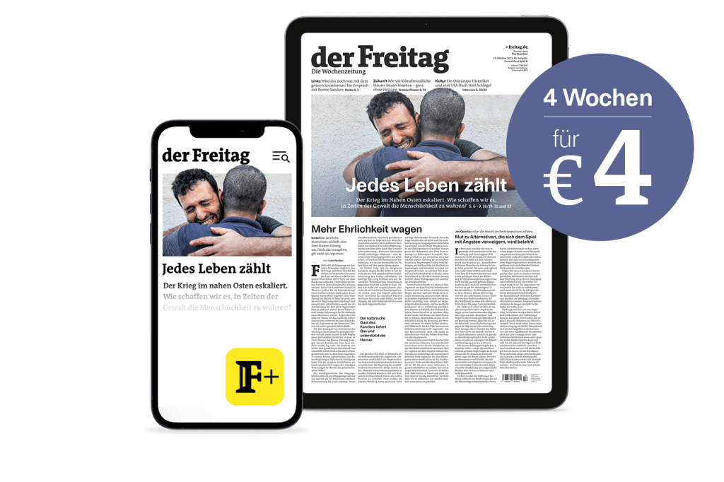 der Freitag Digital-Cover auf Tablet und Mobiltelefon Ausgabe 41/2023 sowie der Hinweis „4 Wochen für € 4“