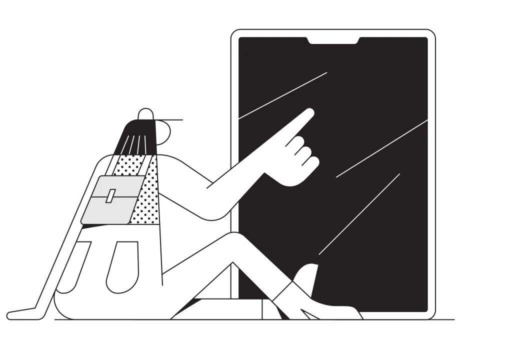 Illustration eines jungen Menschen, der auf ein übergroßes Tablet tippt – Symbolbild für das Digital-Abo oder Upgrade der Wochenzeitung „der Freitag“‘.
