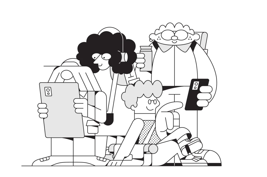 Illustration einer Gruppe junger Erwachsener unter 30 lacht gemeinsam im Freien – Symbolbild für das U30-Abo der Wochenzeitung „der Freitag“.