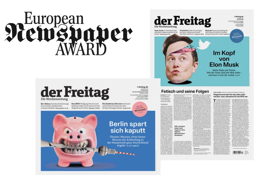 Symbolische Darstellung: „European Newspaper Award“ mit zwei abgebildeten Titelseiten des Freitag