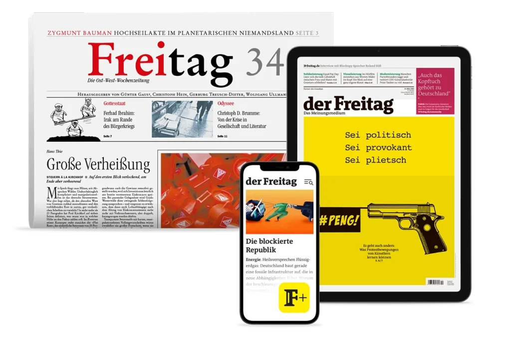 „Der Freitag“ Titelbild als Print-Ausgabe + auf dem Mobiltelefon + auf dem Tablet