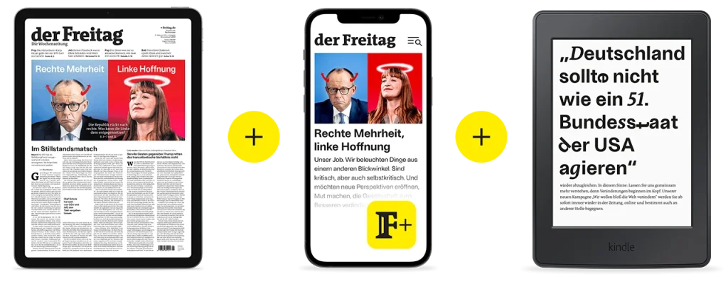 Symbolische Darstellung eines Digital-Abonnements: „Der Freitag“ Titelbild der Ausgabe 09/25 auf dem Tablet + auf dem Mobiltelefon + auf dem E-Book-Reader
