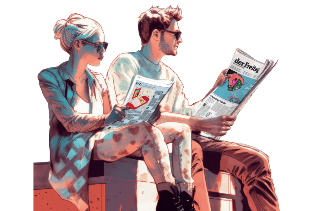 2 Studierende sitzen auf einer Bank und lesen den gedruckten Freitag