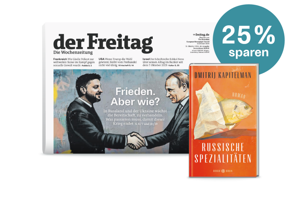Herografik von der Freitag-Aboaktion: Printabo zum Aktionspreis mit Buchprämie „Russische Spezialitäten“ von Dimitrij Kapitelman. Print-Cover der Zeitung Ausgabe 44/2024 mit Selenskyj & Putin. Außerdem das Buchcover von der Prämie.