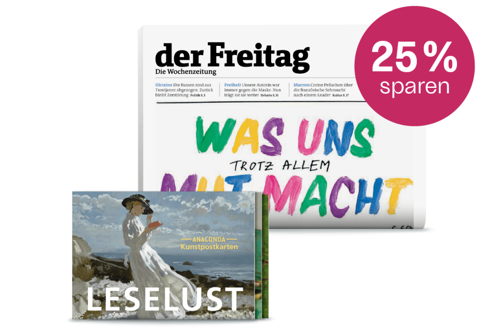 der Freitag im Print-Abo mit Postkarten-Set „Leselust“ als Aboprämie. Zeitungscover der Ausgabe 15/2022 mit dem Postkartenset und dem Hinweis „25% sparen“