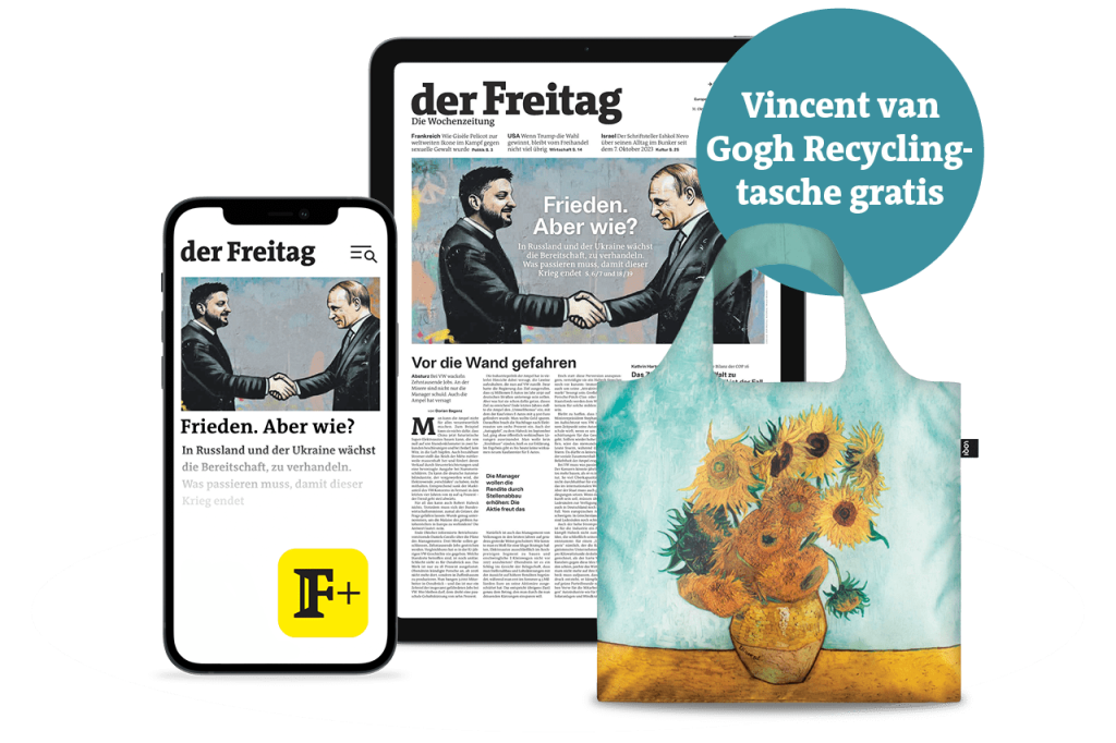 der Freitag im digitalen Flexabo und Recycling-Tasche, die mit van Goghs Sonnenblumen bedruckt ist. Abgebildet sind neben der Tasche das Digital-Cover der Ausgabe 44/2024 und der Hinweis „Vincent van Goghs Recyclingtasche gratis“