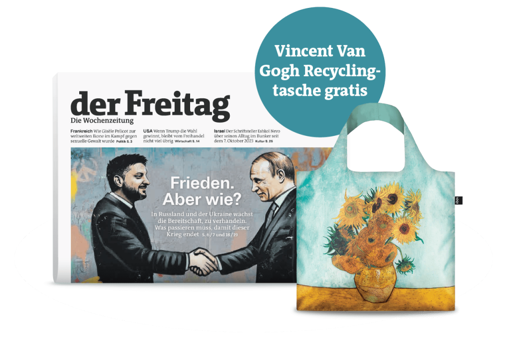 der Freitag im flexiblen Printabo und Recycling-Tasche, die mit van Goghs Sonnenblumen bedruckt ist. Abgebildet sind neben der Tasche das Print-Cover der Ausgabe 44/2024 und der Hinweis „Vincent van Goghs Recyclingtasche gratis“