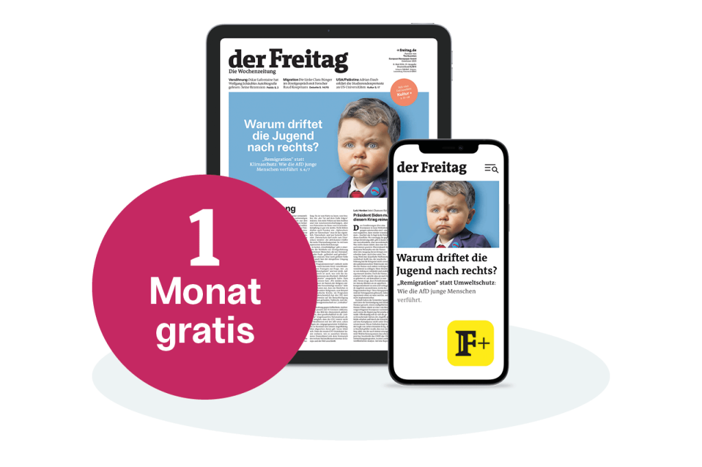 der Freitag digital 1 Monat lang gratis lesen. Abgebildet ist das Digital-Cover der Ausgabe 19/2024 sowie der Hinweis „1 Monat gratis“