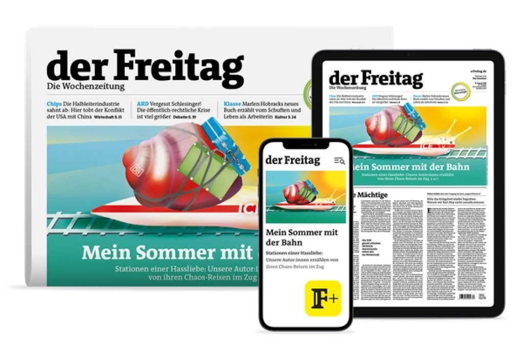 der Freitag Kombi-Cover auf Zeitung, Mobiltelefon und Tablet Ausgabe 34/2022