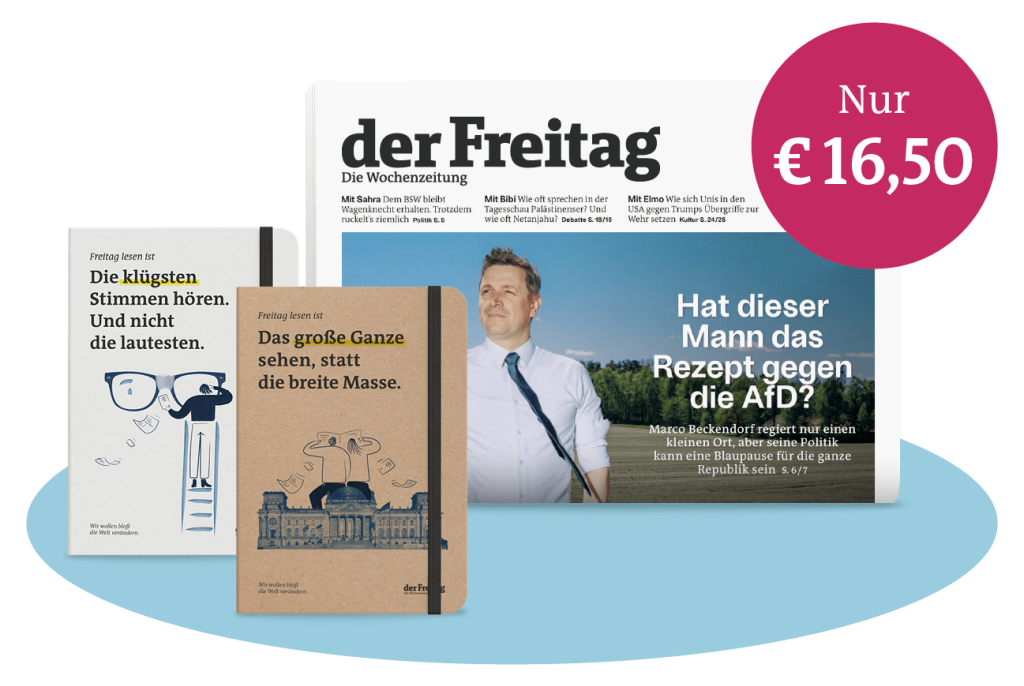 Print-Cover Ausgabe 18/2025 mit Aboprämien Notizbücher in Braun und Weiß.