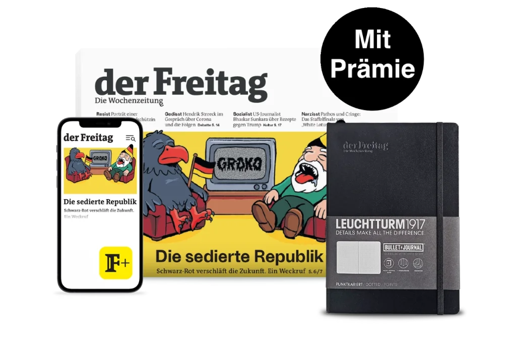 der Freitag im Kombi-Abo. Print- und Digital-Cover mit Aboprämie Leuchtturm1917 Notizbuch