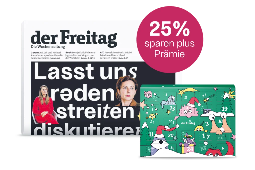 der Freitag Print-Cover Ausgabe 52/2024 mit Abopraemie Adventskalender