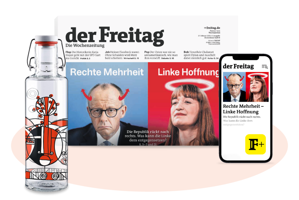 der Freitag Digital- und Print-Cover Ausgabe 09/2025 mit Aboprämie Soulbottles