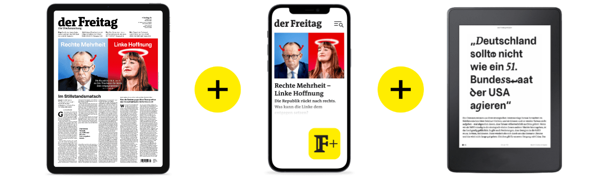 Cover der KW9/2025 von der Freitag auf mehreren digitalen Devices, um die Vorteile des Digital-Abos zu illustrieren
