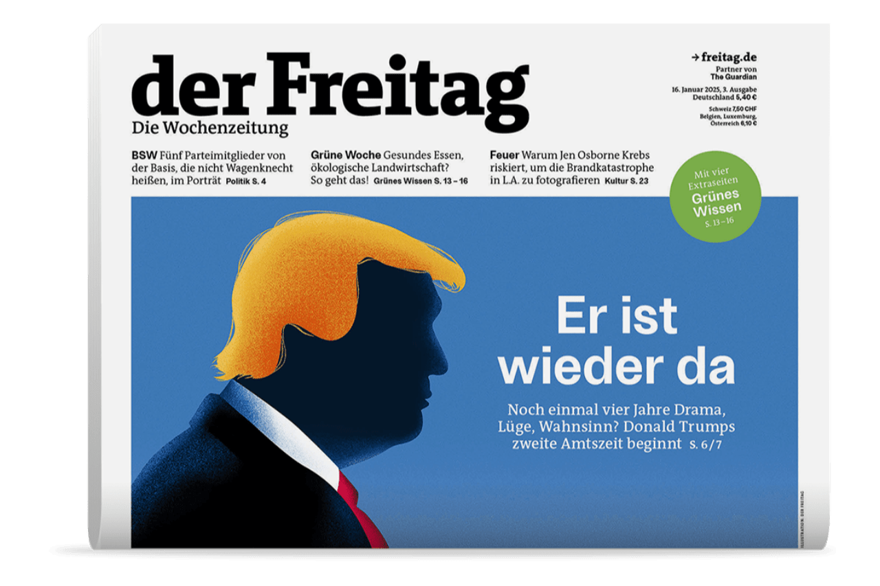 Jahresabo der Freitag Cover vom gedruckten Freitag mit Trump