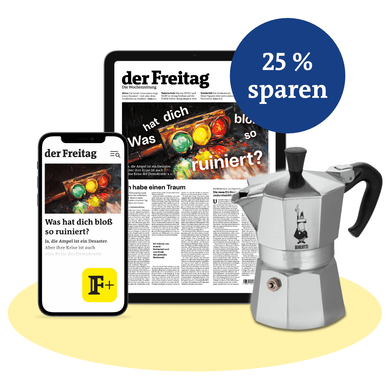 der Freitag – die Wochenzeitung im Digital-Abo mit 25 % Rabatt und gratis Bialetti Espressokocher als Prämie