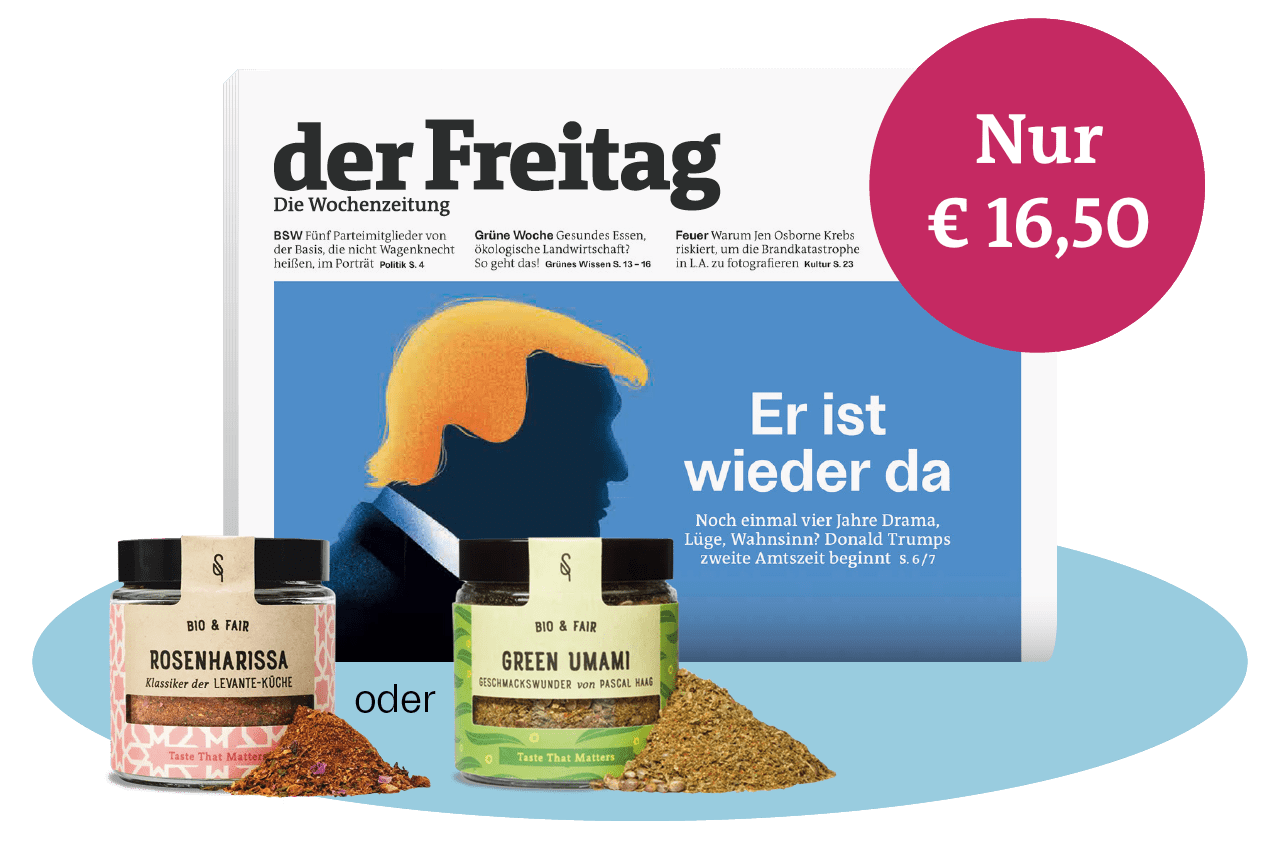 Print-Ausgabe der Wochenzeitung der Freitag mit Gewürz-Prämie: Rosenharissa oder Green Umami – jetzt 25 % sparen