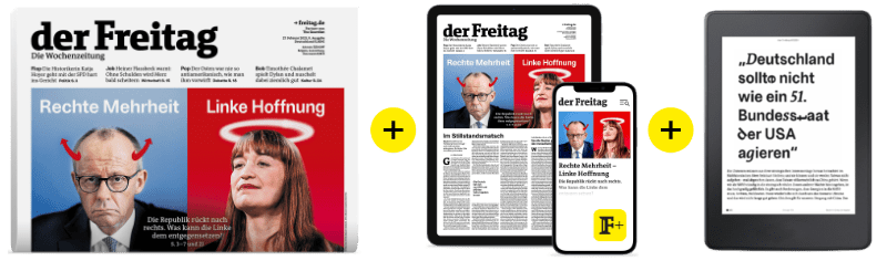 Cover der KW9/2025 von der Wochenzeitung Der Freitag, um die Vorteile des Kombi-Abos zu illustrieren