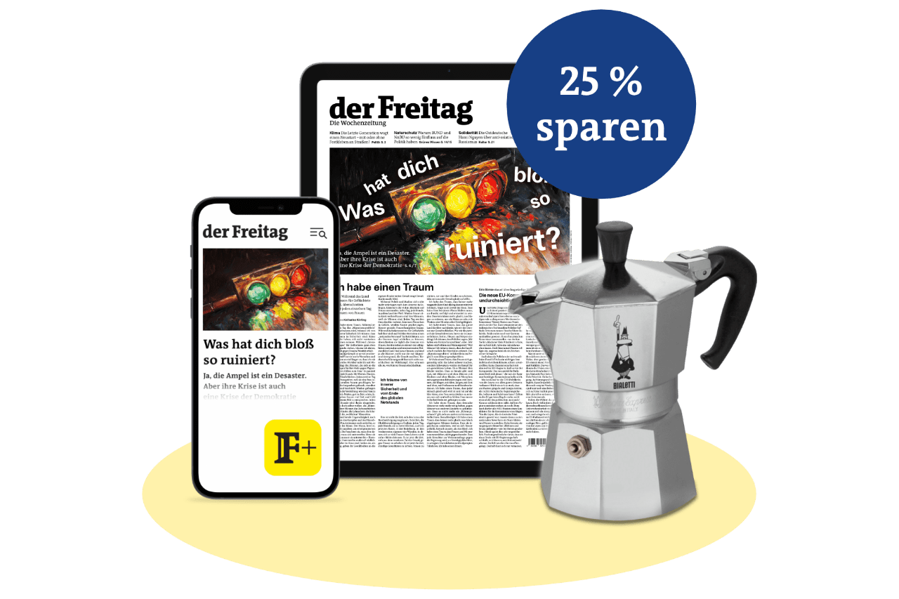 der Freitag – die Wochenzeitung im Digital-Abo mit 25 % Rabatt und gratis Bialetti Espressokocher als Prämie